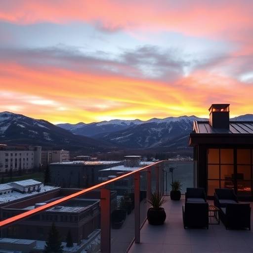 A modern penthouse apartment with a rooftop terrace overlooking the Aspen mountain range at sunset.