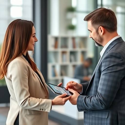 A real estate agent presenting market data on a tablet to a client in a modern office.