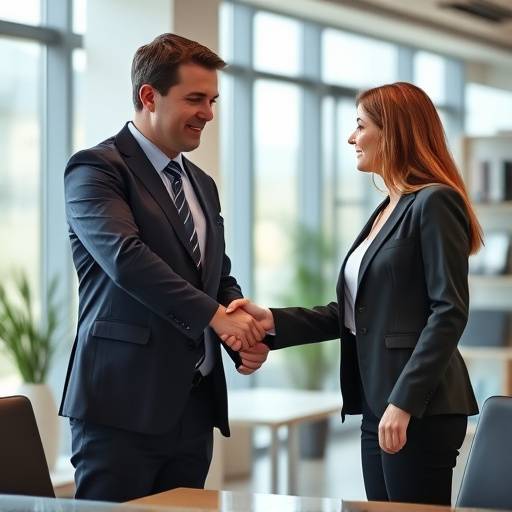 A real estate agent shaking hands with a client after signing a contract in a bright, modern office.