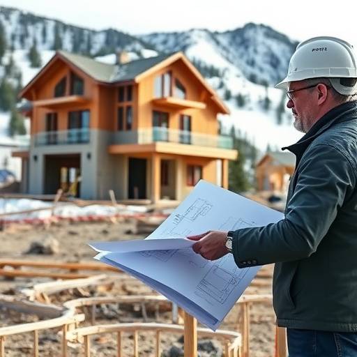 Architect reviewing blueprints with a construction manager on a building site in Aspen.