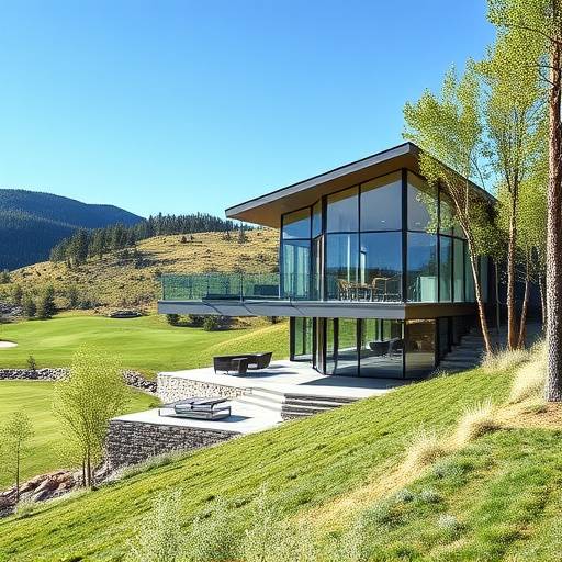 Contemporary glass and steel house perched on a hillside overlooking the Aspen golf course, showcasing minimalist design.