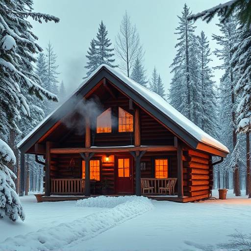 Cozy log cabin nestled in a snowy forest near Snowmass Village. Smoke gently rises from the chimney.