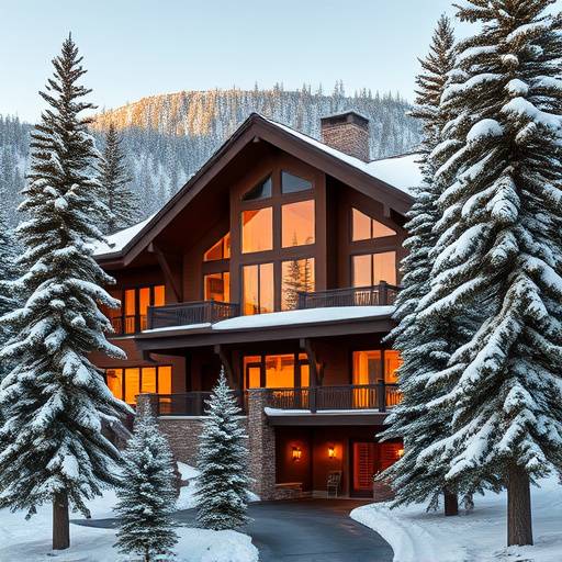Exterior of a luxurious mountain chalet in Aspen Highlands. Snow-covered pine trees surround the property.