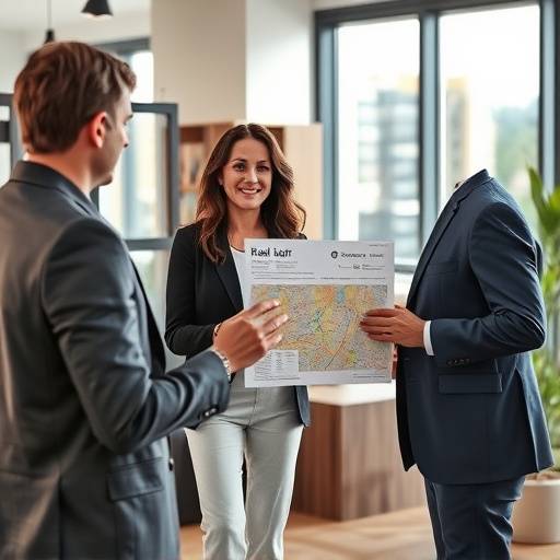 Real estate agent showing a client a property map in a modern office setting.